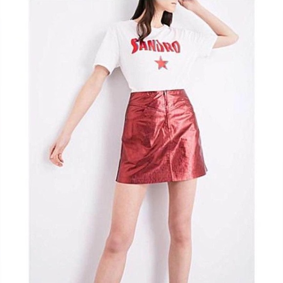Sandro Red Metallic Sheep Leather Mini Skirt Size: 3 - Picture 1 of 14